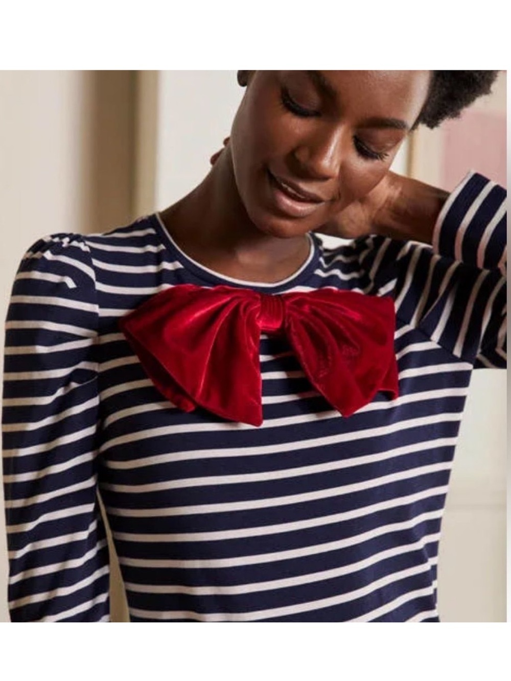 Boden Imogen Breton Top US 6 Navy Ivory Stripe Red Velvet Bow Puff Sleeve Cotton